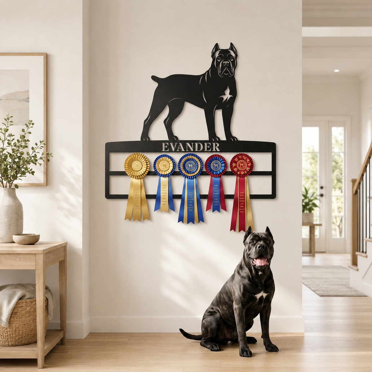 Metalnavneskilt med Cane Corso-motiv og plads til rosetter.