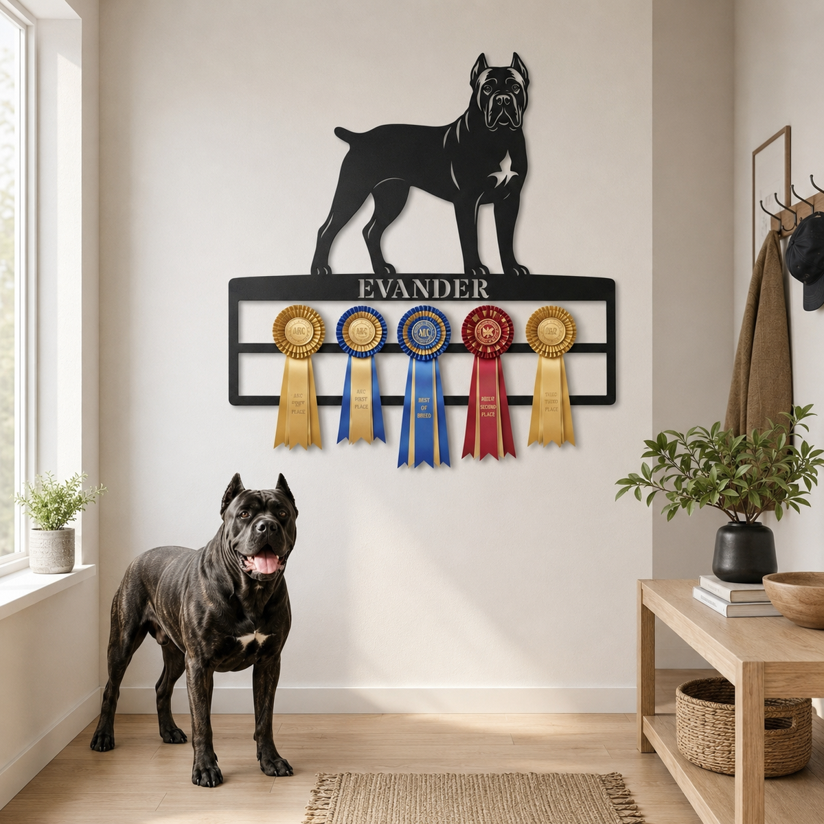 Metalnavneskilt med Cane Corso-motiv og plads til rosetter.