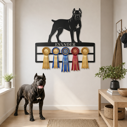 Metalnavneskilt med Cane Corso-motiv og plads til rosetter.