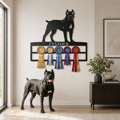 Metalnavneskilt med Cane Corso-motiv og plads til rosetter.