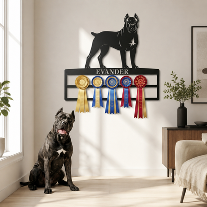 Metalnavneskilt med Cane Corso-motiv og plads til rosetter.