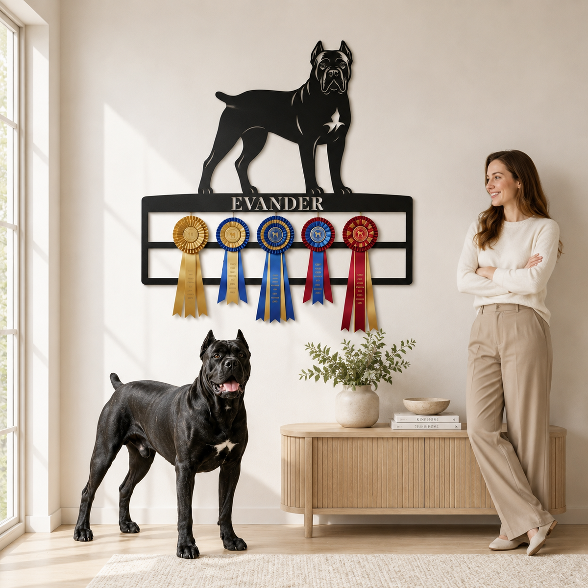 Metalnavneskilt med Cane Corso-motiv og plads til rosetter.