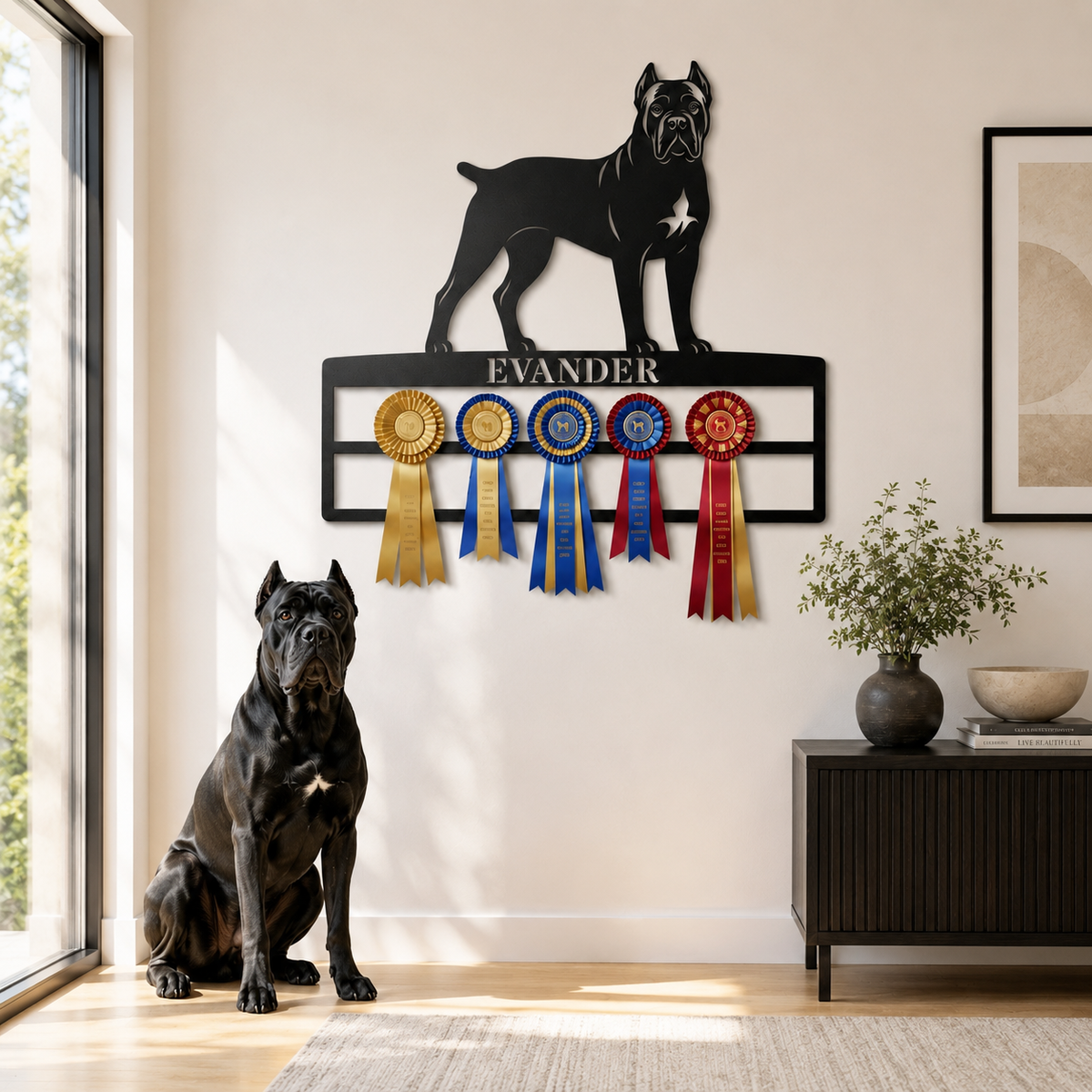 Metalnavneskilt med Cane Corso-motiv og plads til rosetter.
