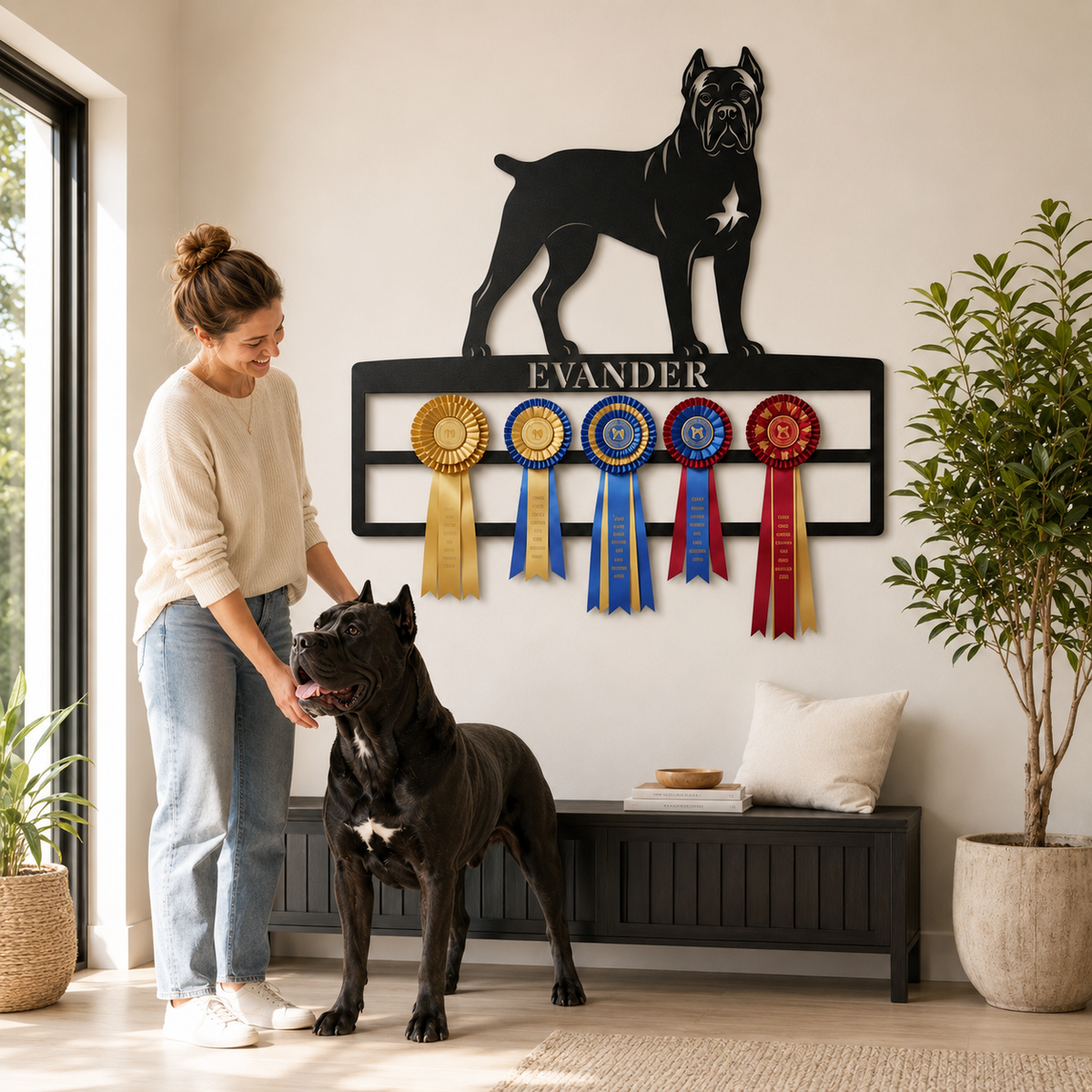 Metalnavneskilt med Cane Corso-motiv og plads til rosetter.