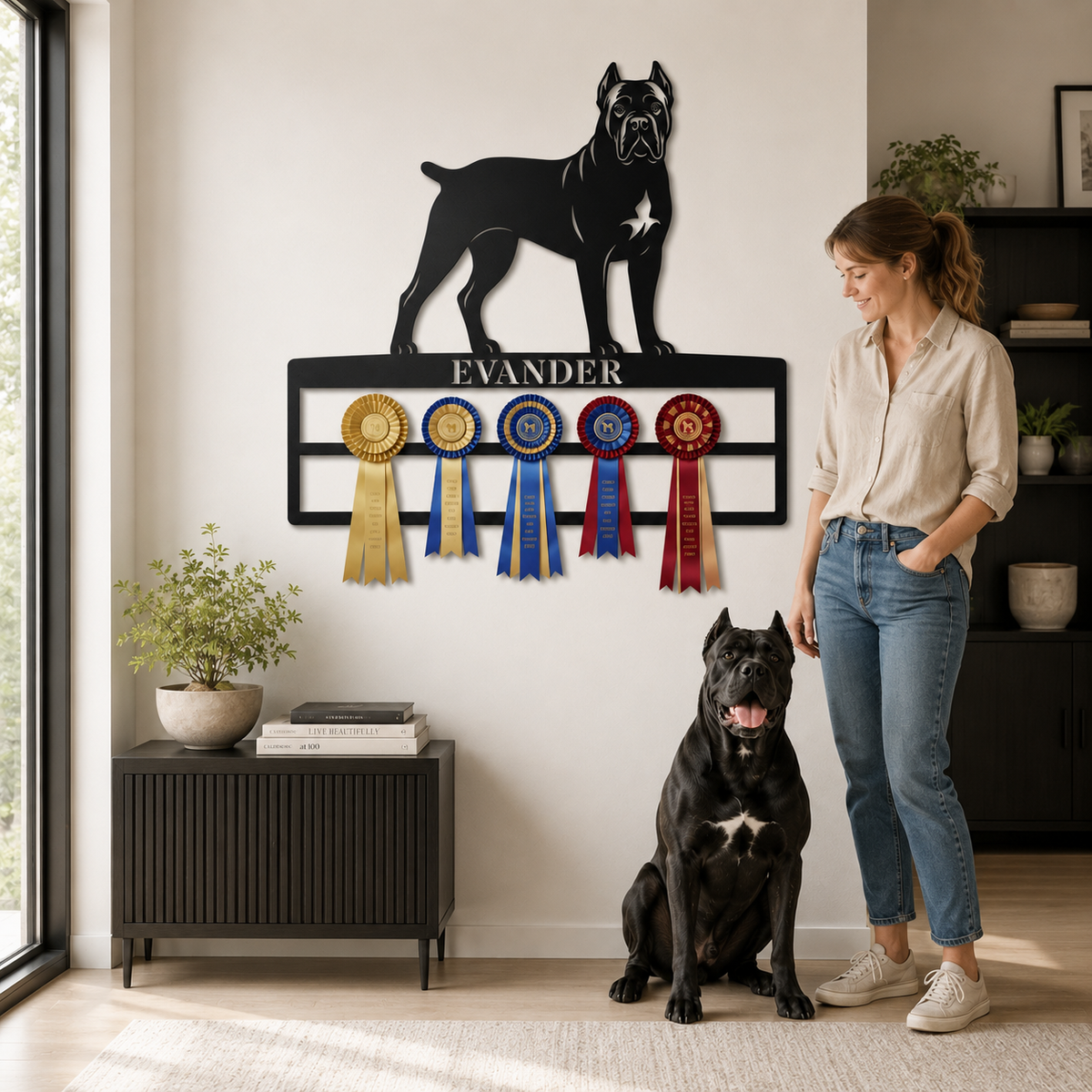 Metalnavneskilt med Cane Corso-motiv og plads til rosetter.