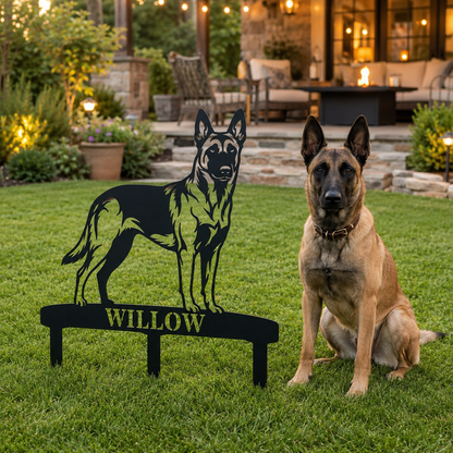 Personlig Belgisk Hyrdehund metalskilt til haven med hundenavn