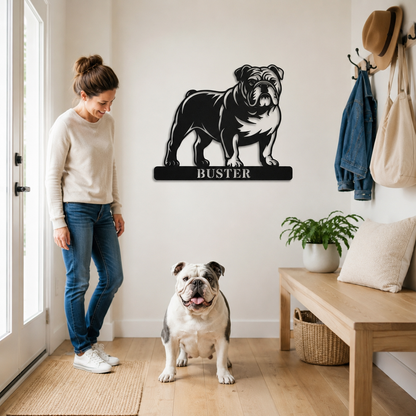 Personlig Engelsk Bulldog væg metalskilt med hundenavn