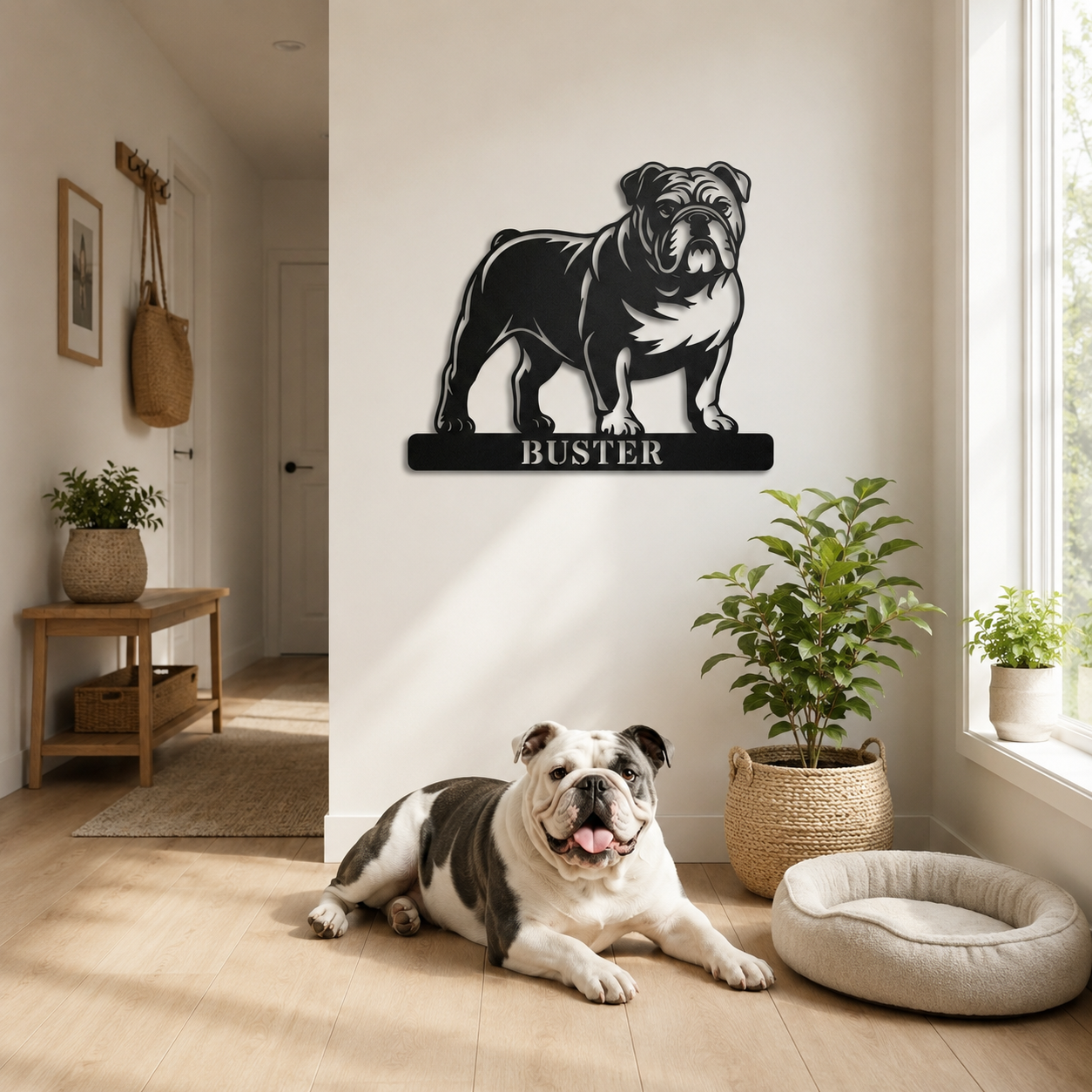 Engelsk Bulldog metalskilt med personlig tekst