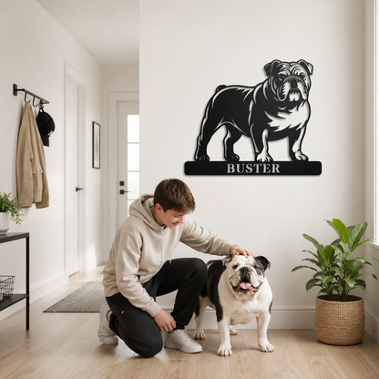 Engelsk Bulldog metalskilt med personlig tekst