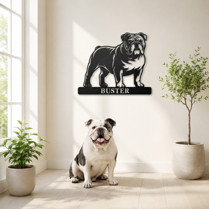 Engelsk Bulldog metalskilt med personlig tekst