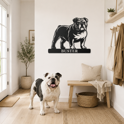 Engelsk Bulldog metalskilt med personlig tekst