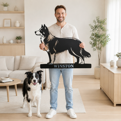 Border Collie metalskilt med personligt hundenavn