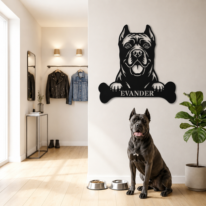 Cane Corso med kødben metalskilt med personlig navn