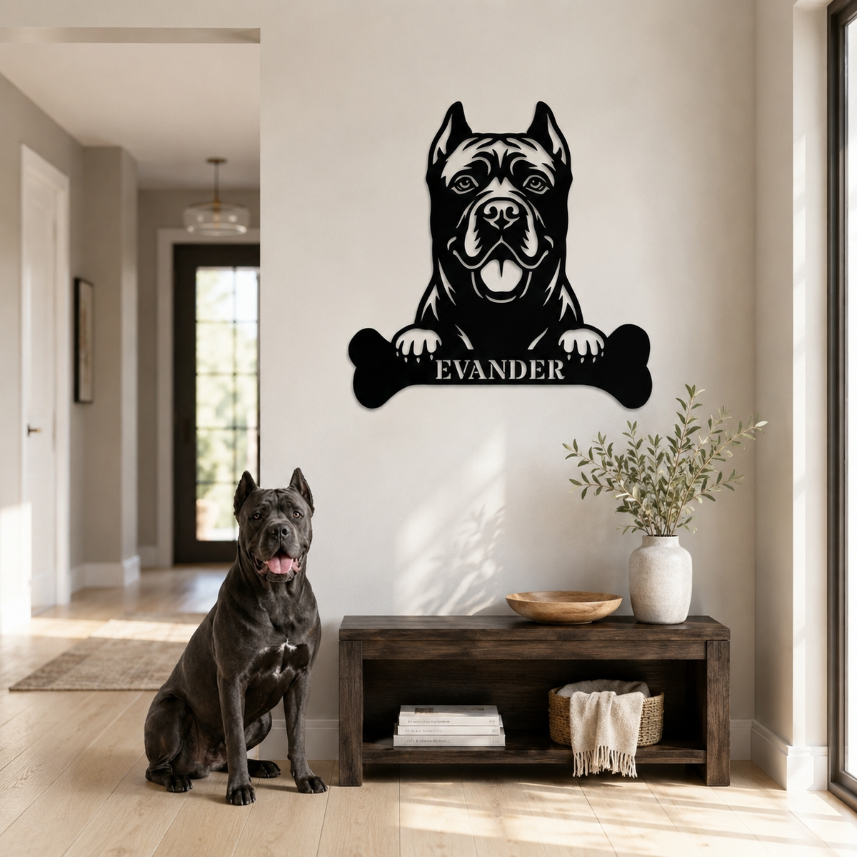 Cane Corso med kødben metalskilt med personlig navn