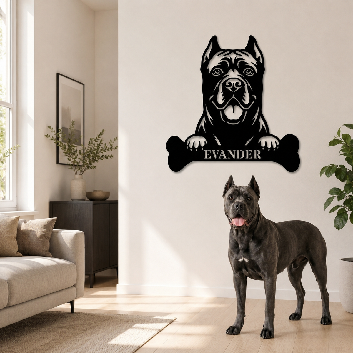 Cane Corso med kødben metalskilt med personlig navn