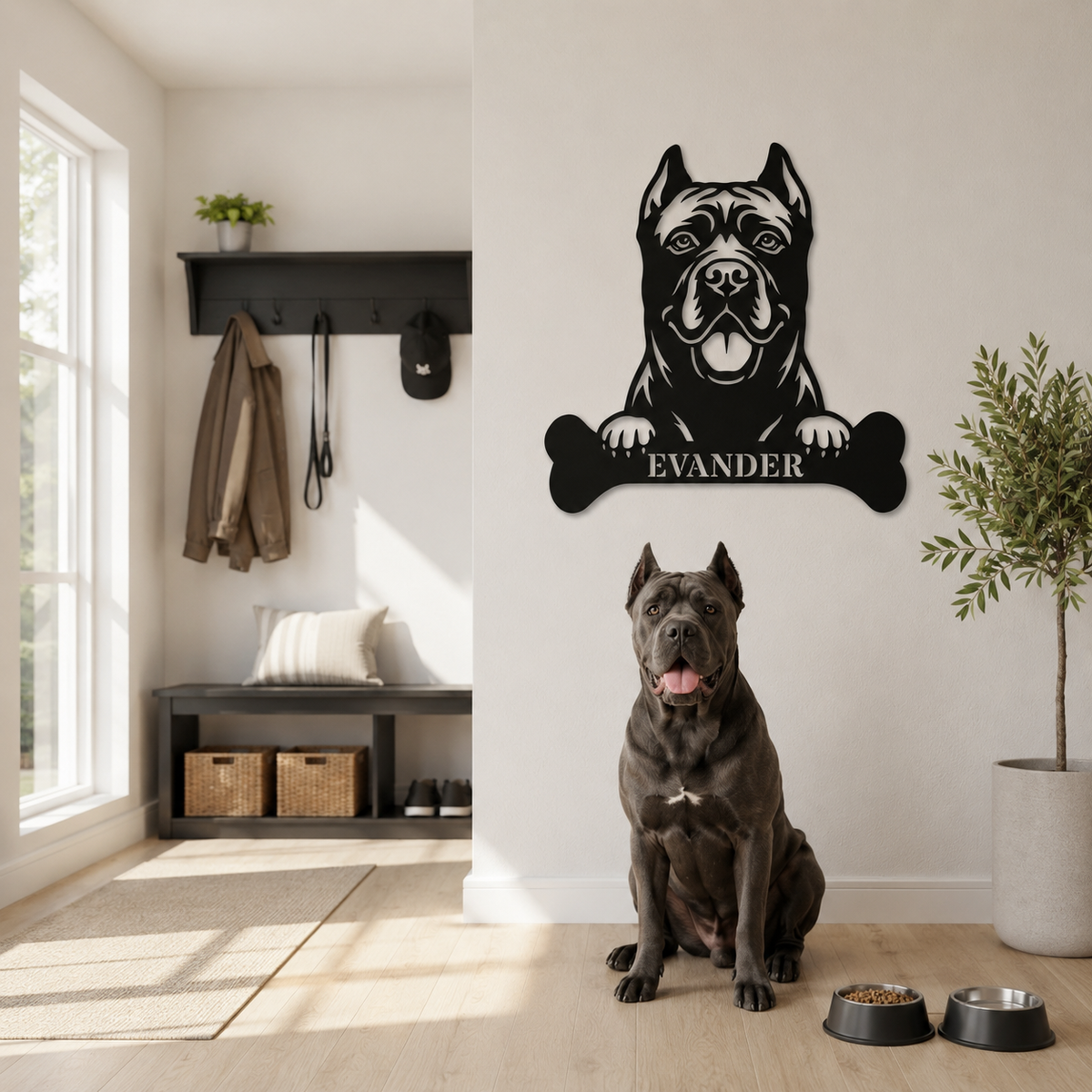 Cane Corso med kødben metalskilt med personlig navn