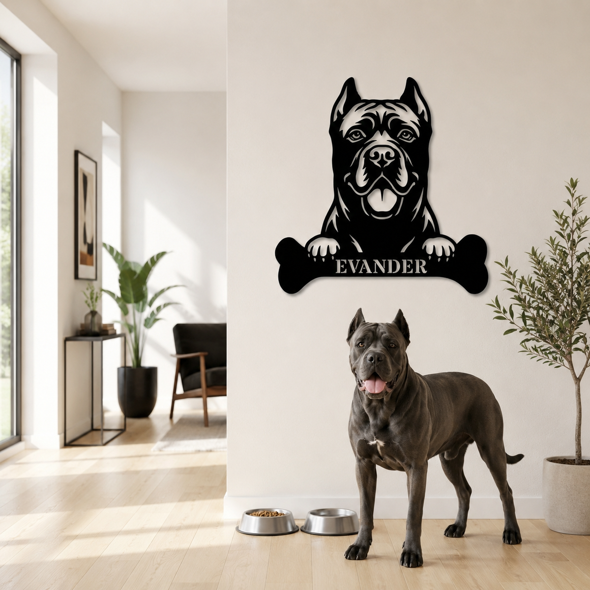 Cane Corso med kødben metalskilt med personlig navn