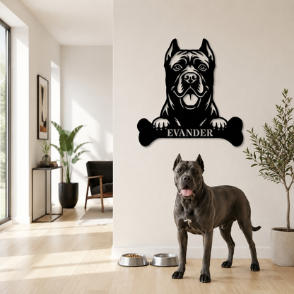 Cane Corso med kødben metalskilt med personlig navn