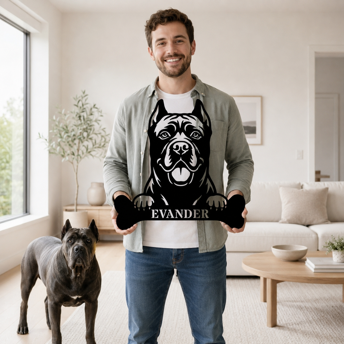 Cane Corso med kødben metalskilt med personlig navn