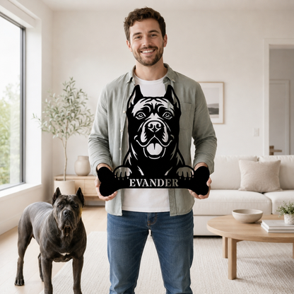 Cane Corso med kødben metalskilt med personlig navn
