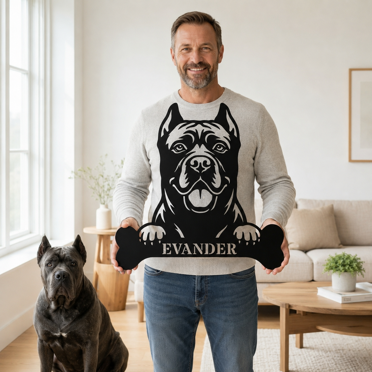 Cane Corso med kødben metalskilt med personlig navn