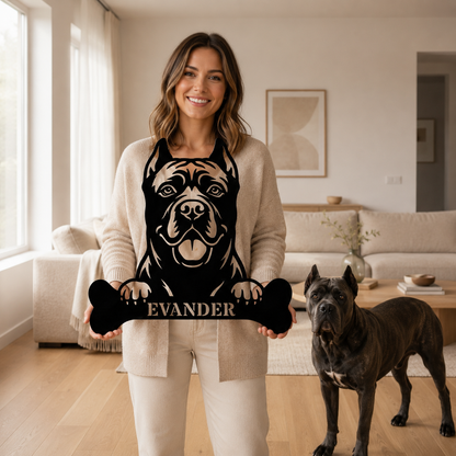 Cane Corso med kødben metalskilt med personlig navn