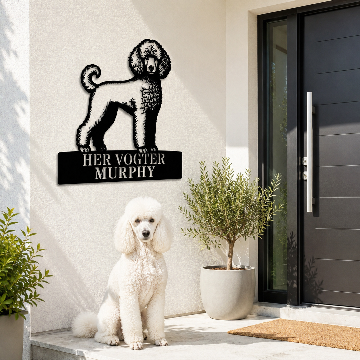 Puddel - Her vogter jeg metalskilt. Hunde navneskilt til huset