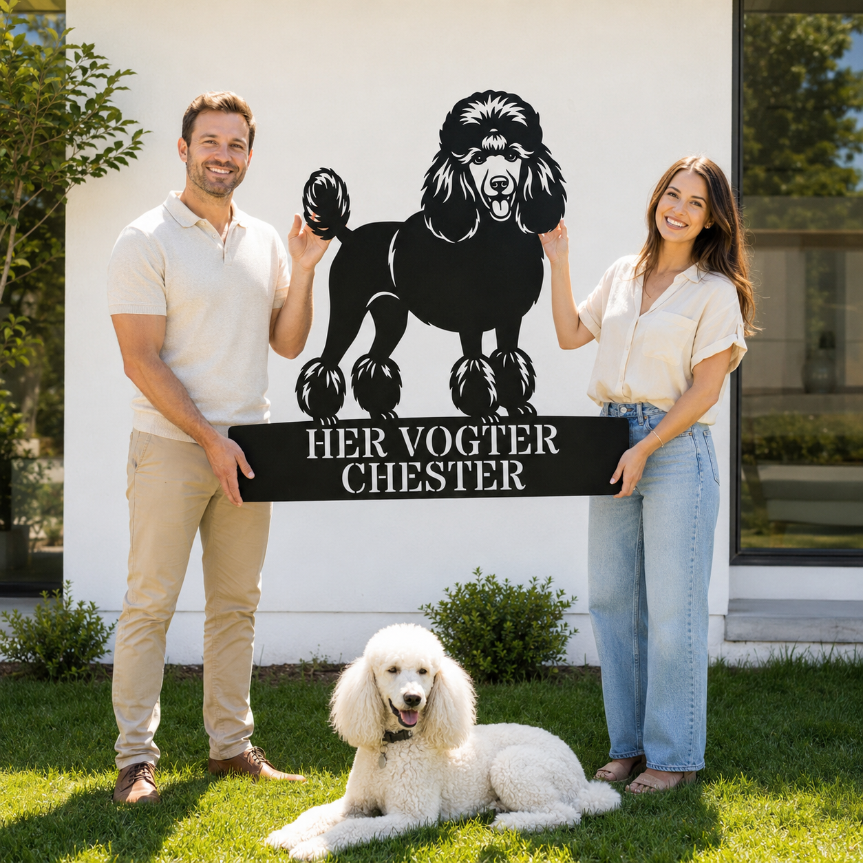 Unik her vogter jeg puddelhund metalskilt med personlig navn