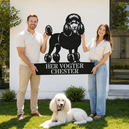 Unik her vogter jeg puddelhund metalskilt med personlig navn