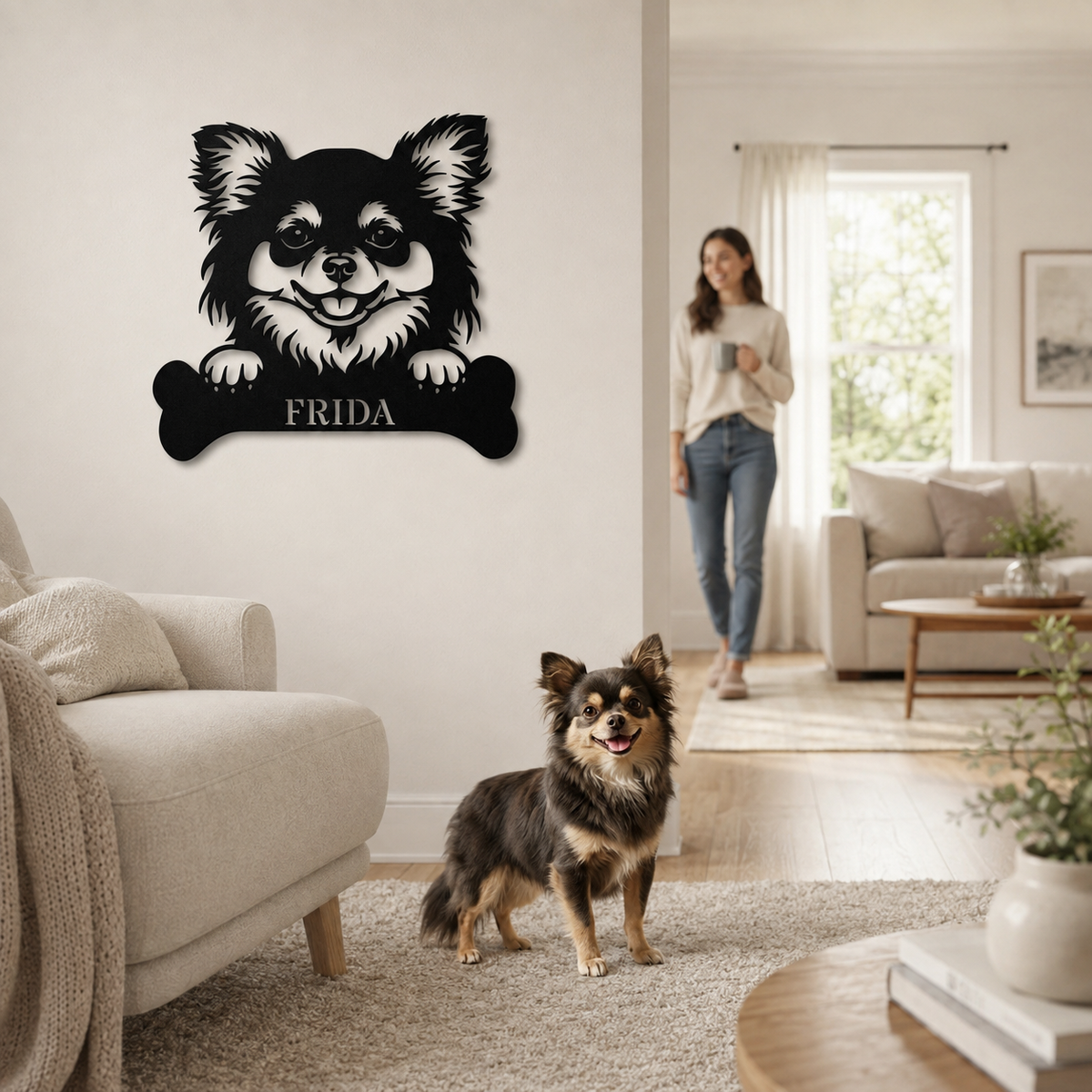 Langhåret Chihuahua. Sjov metalskilt med personlig tekst