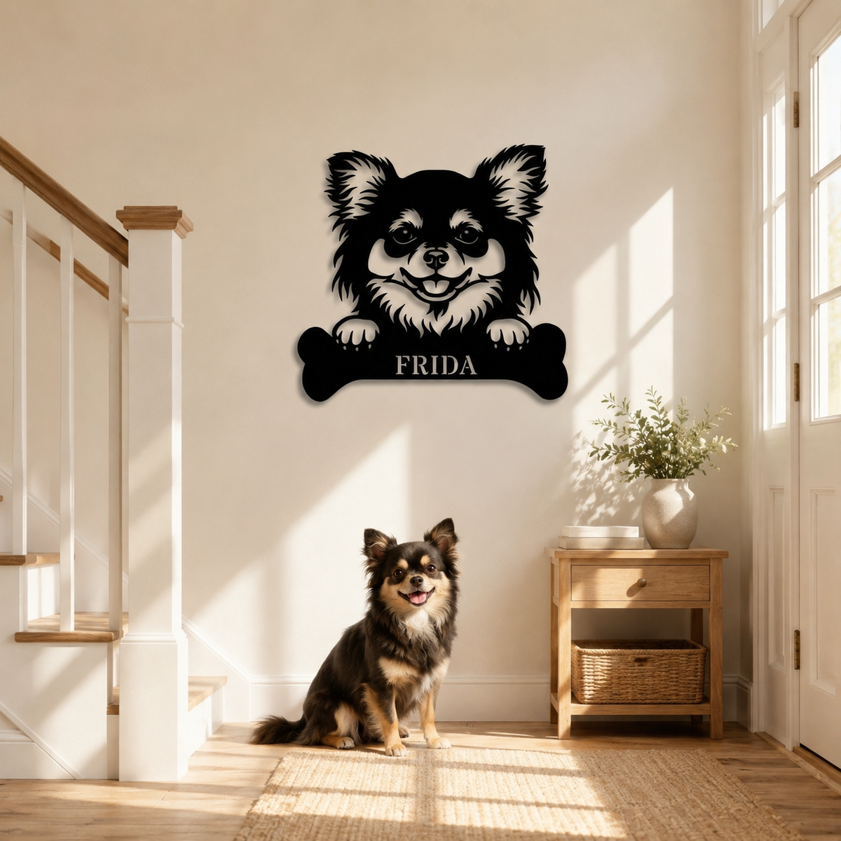 Langhåret Chihuahua. Sjov metalskilt med personlig tekst