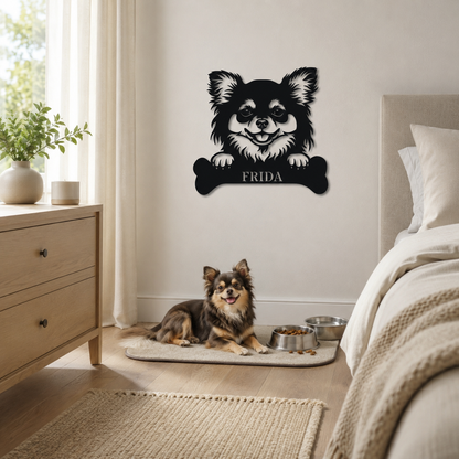 Langhåret Chihuahua. Sjov metalskilt med personlig tekst