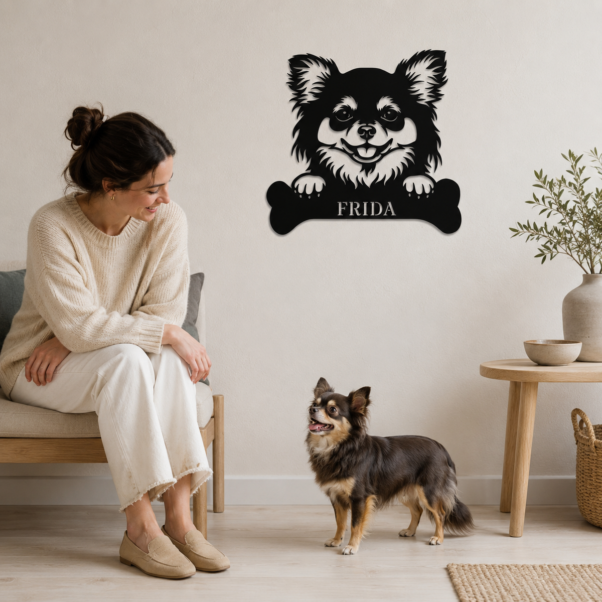 Langhåret Chihuahua. Sjov metalskilt med personlig tekst