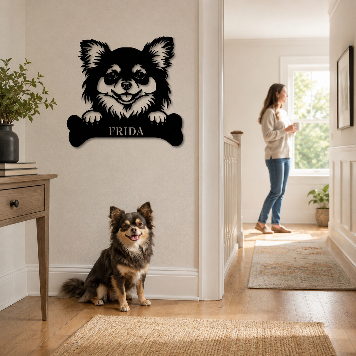 Langhåret Chihuahua. Sjov metalskilt med personlig tekst
