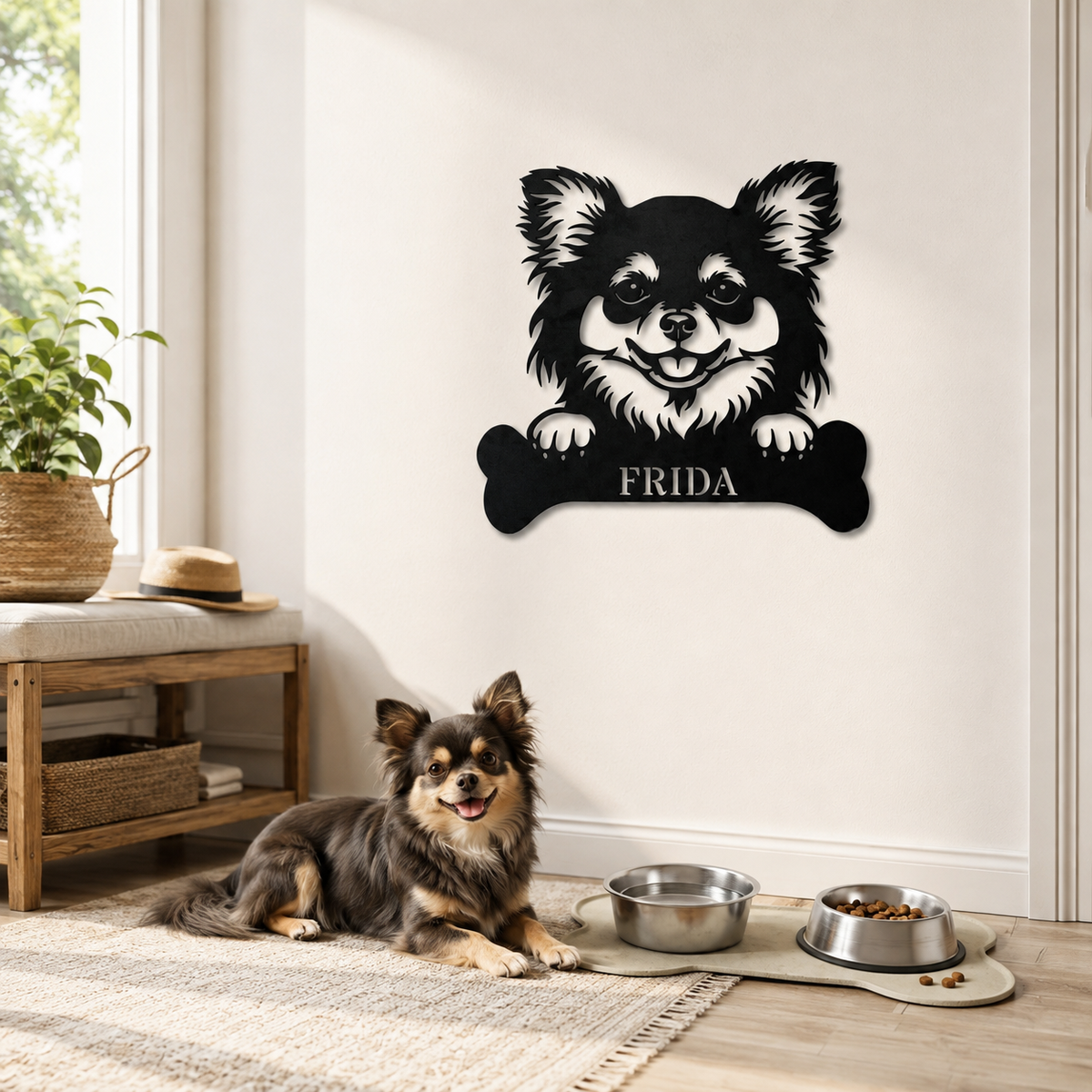 Langhåret Chihuahua. Sjov metalskilt med personlig tekst