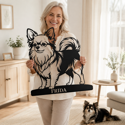 Langhåret Chihuahua metalskilt med personlig hundenavn