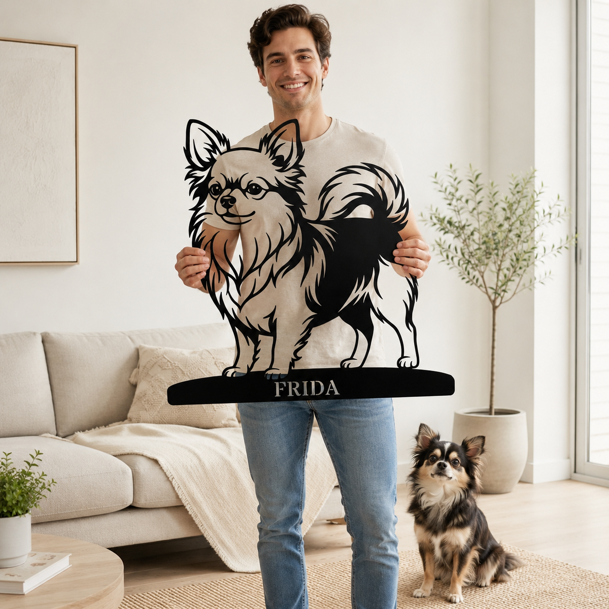 Langhåret Chihuahua metalskilt med personlig hundenavn