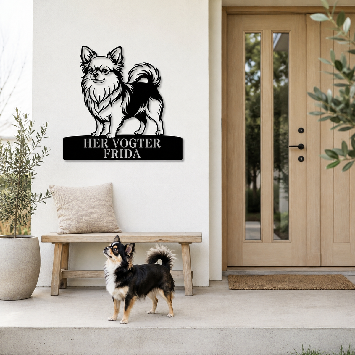 Langhåret Chihuahua her vogter jeg metalskilt med personlig tekst
