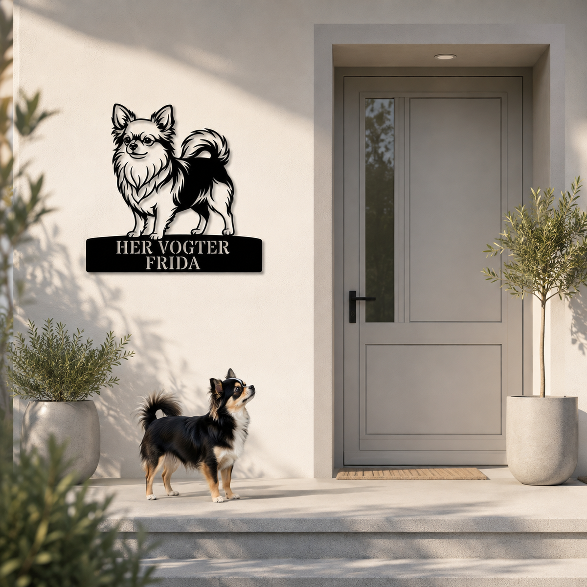 Langhåret Chihuahua her vogter jeg metalskilt med personlig tekst