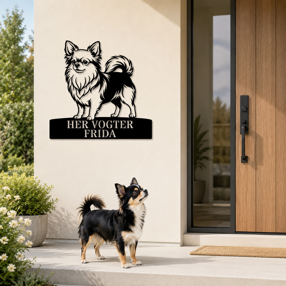 Langhåret Chihuahua her vogter jeg metalskilt med personlig tekst