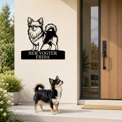 Langhåret Chihuahua her vogter jeg metalskilt med personlig tekst