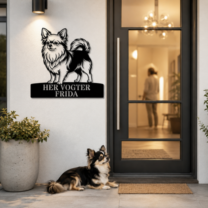 Langhåret Chihuahua her vogter jeg metalskilt med personlig tekst