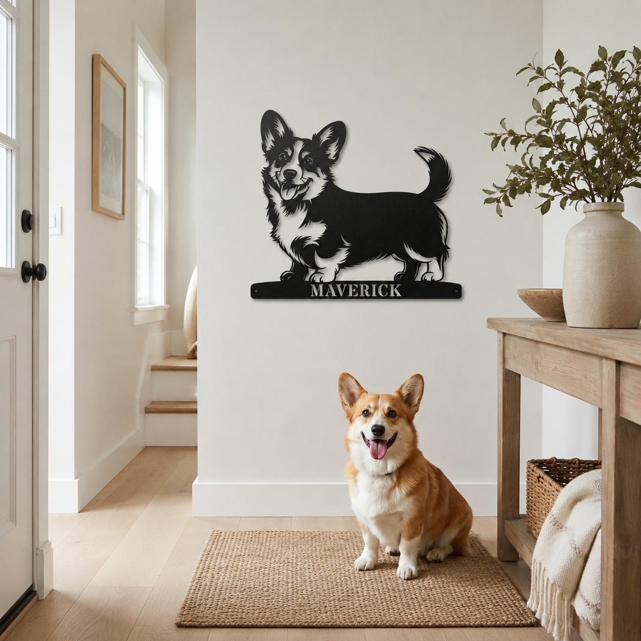 Corgi metalskilt med personlig navn. Unik gaveidé til hundeejeren