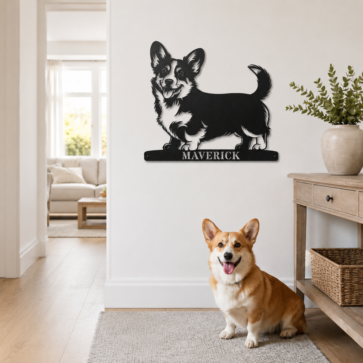 Corgi metalskilt med personlig navn. Unik gaveidé til hundeejeren