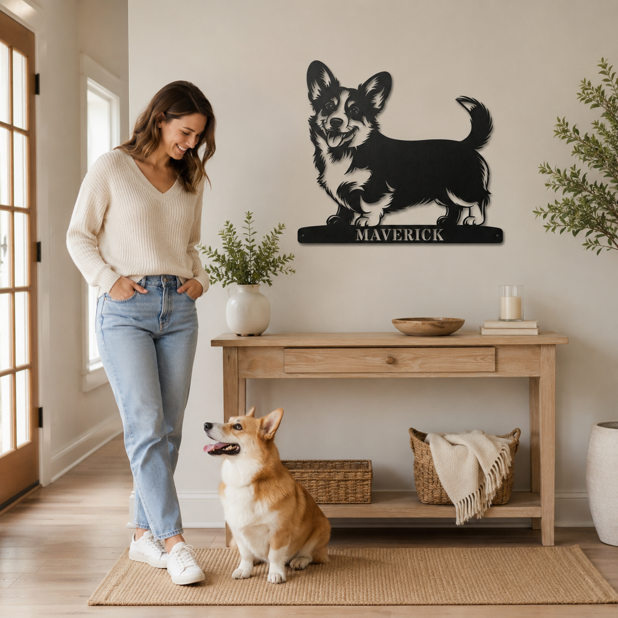 Corgi metalskilt med personlig navn. Unik gaveidé til hundeejeren