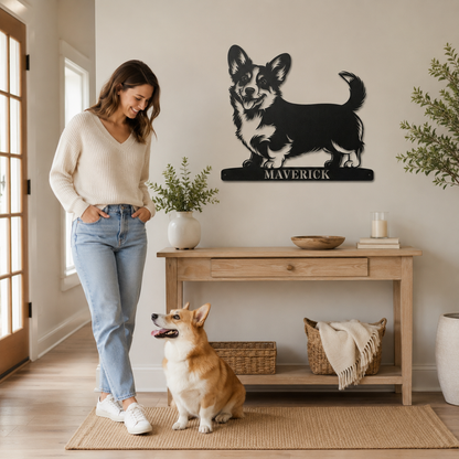Corgi metalskilt med personlig navn. Unik gaveidé til hundeejeren