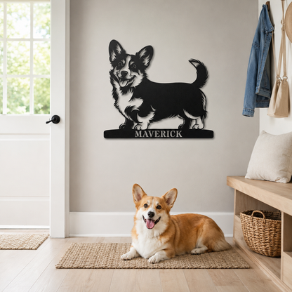 Corgi metalskilt med personlig navn. Unik gaveidé til hundeejeren