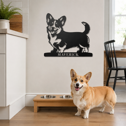 Corgi metalskilt med personlig navn. Unik gaveidé til hundeejeren