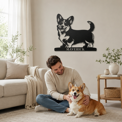 Corgi metalskilt med personlig navn. Unik gaveidé til hundeejeren