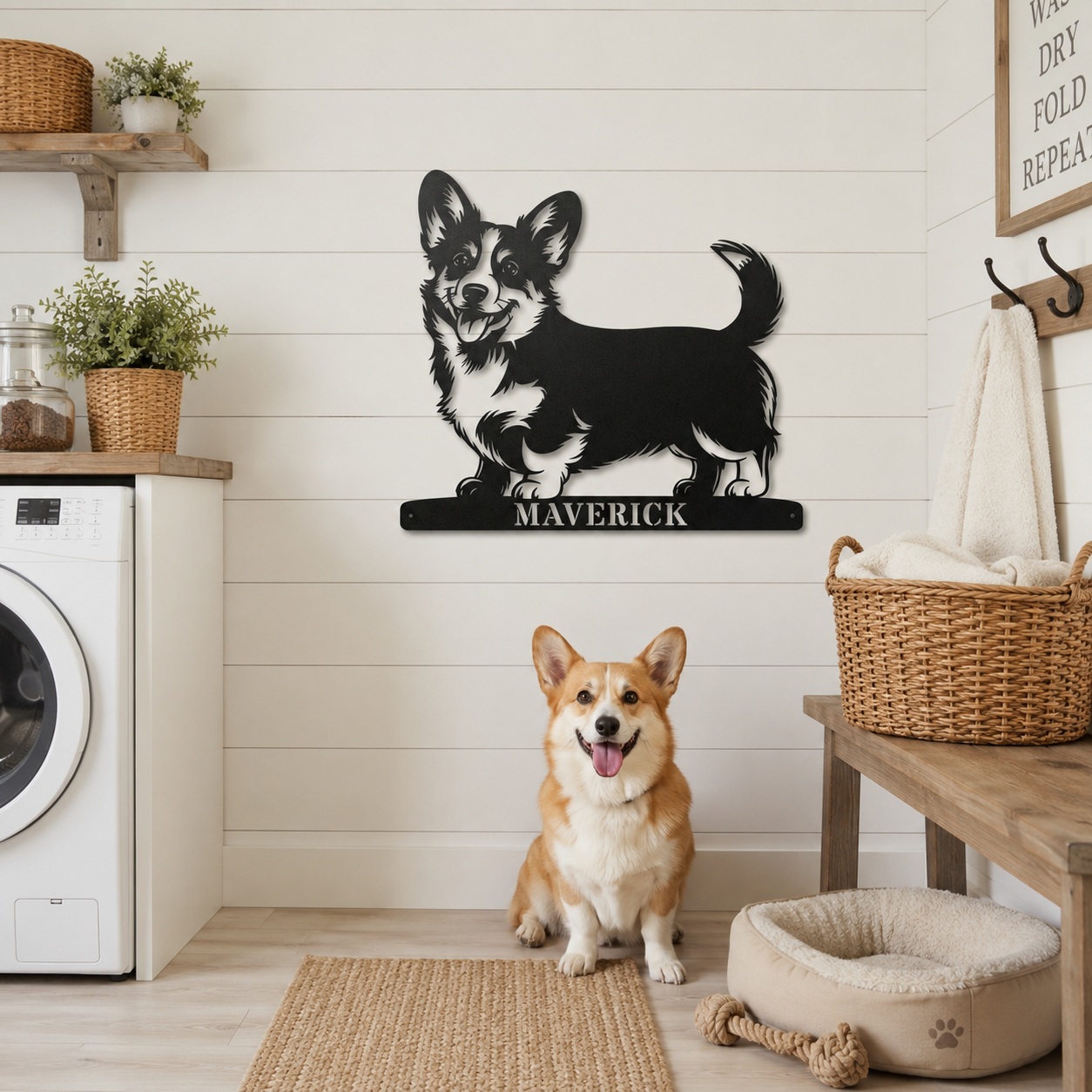 Corgi metalskilt med personlig navn. Unik gaveidé til hundeejeren